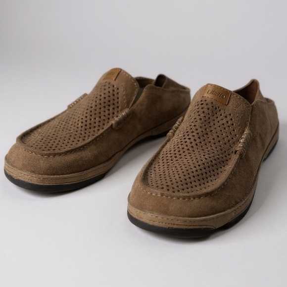 OluKai Moloa Kahana Light Brown Perforated Leather Slip On Loafers